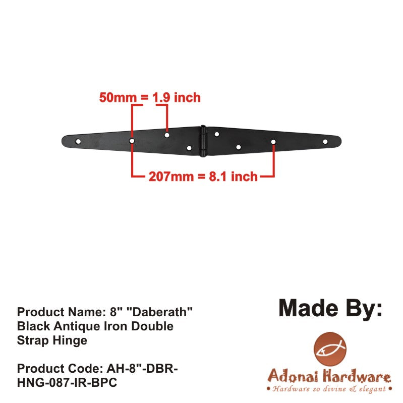 8" "Daberath" Black Antique Iron Double Strap Hinge