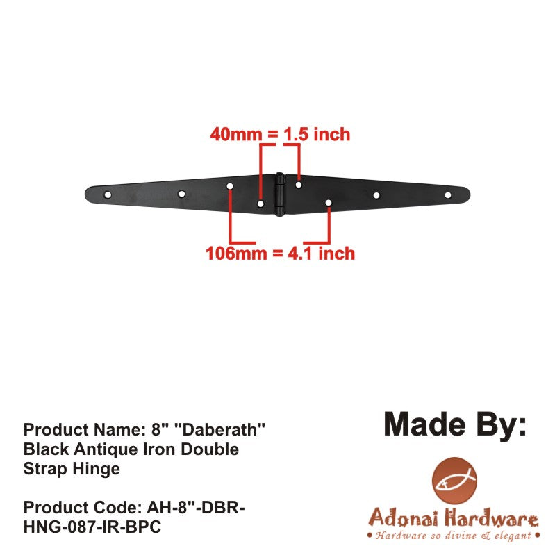 8" "Daberath" Black Antique Iron Double Strap Hinge
