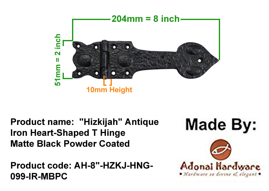 8 Inch "Hizkijah" Antique Cast Iron Heart-Shaped T Hinge