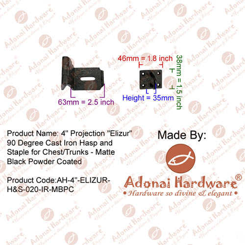 4" Projection"Elizur" 90 Degree Cast Iron Hasp and Staple