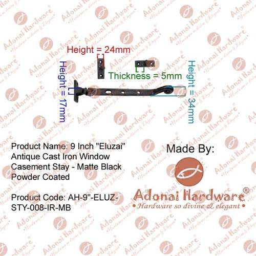 9.5 Inch "Eluzai" Heavy Duty Antique Cast Iron Sturdy Window Casement Stay