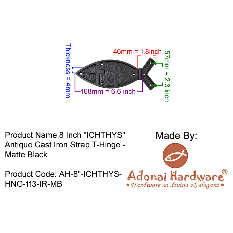 8 Inch "Ichthys" Antique Cast Iron Strap T-Hinge