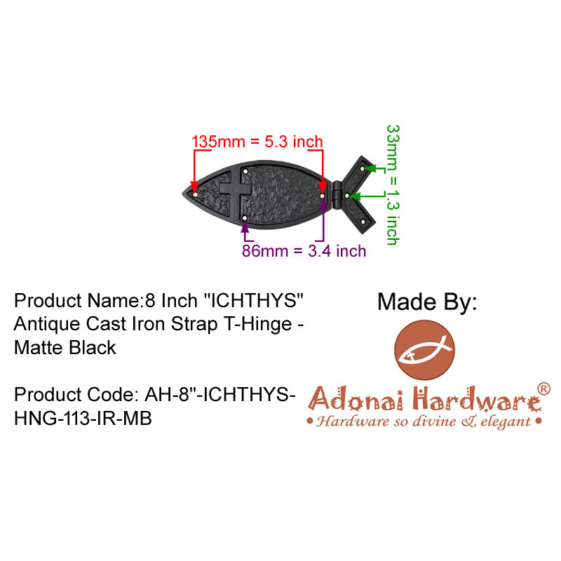 8 Inch "Ichthys" Antique Cast Iron Strap T-Hinge