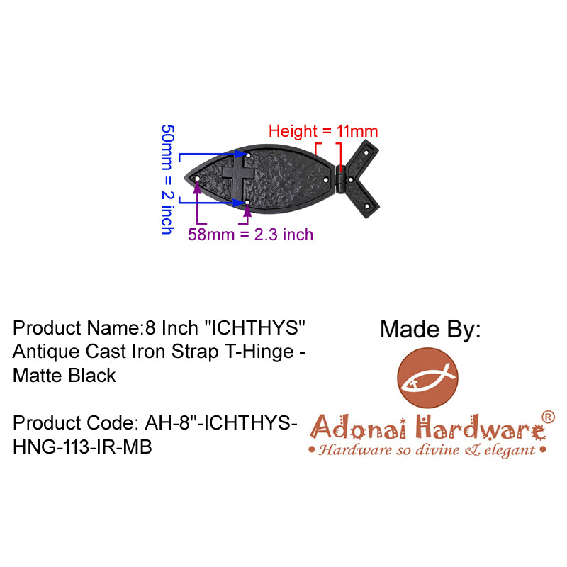 8 Inch "Ichthys" Antique Cast Iron Strap T-Hinge