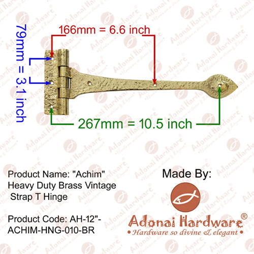 12 Inch "Achim" Heavy Duty Brass Vintage Strap T Hinge