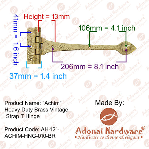 12 Inch "Achim" Heavy Duty Brass Vintage Strap T Hinge