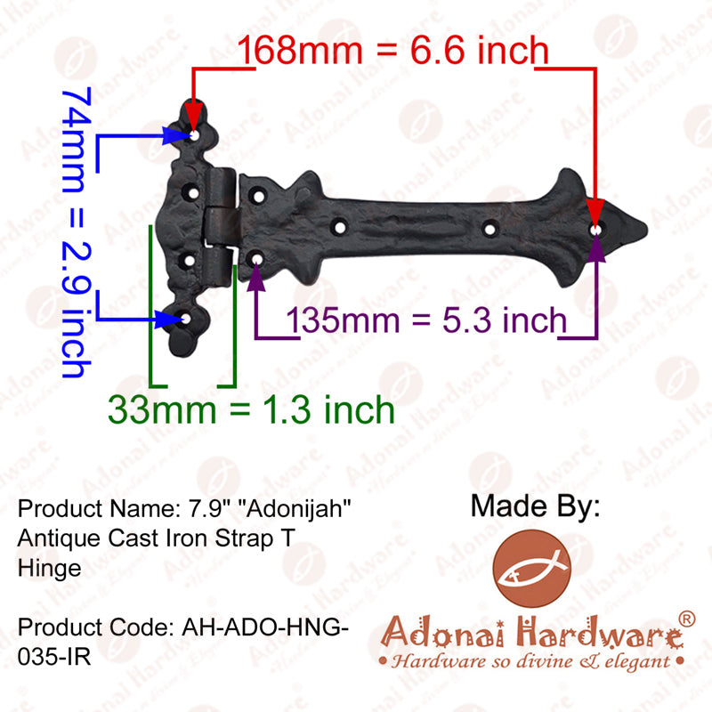 7.9 inch "Adonijah" Brass Strap T Hinge