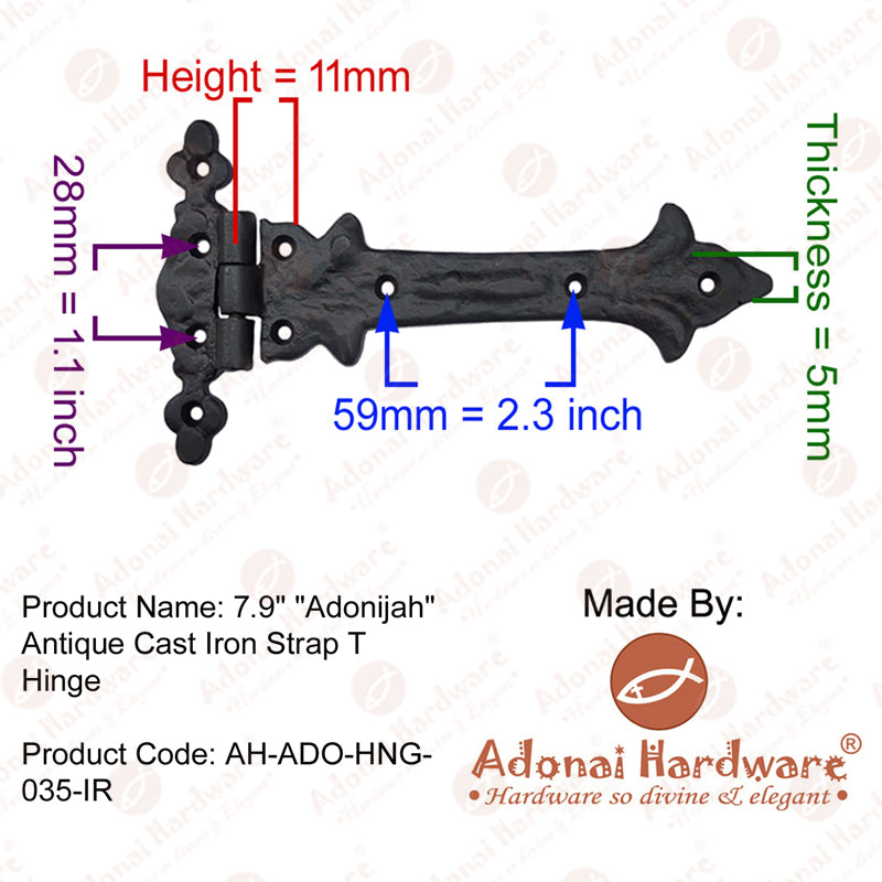 7.9 Inch "Adonijah" Black Antique Iron T Hinge
