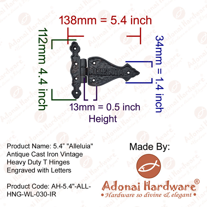 5.4 Inch Alleluia Antique Cast Iron Vintage Heavy Duty T Hinges Engraved with Letters