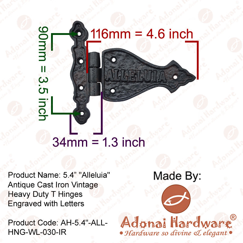 5.4 Inch Alleluia Antique Cast Iron Vintage Heavy Duty T Hinges Engraved with Letters