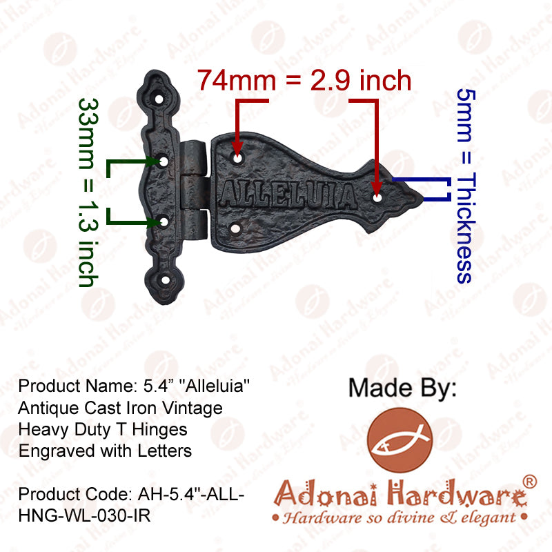 5.4 Inch Alleluia Antique Cast Iron Vintage Heavy Duty T Hinges Engraved with Letters