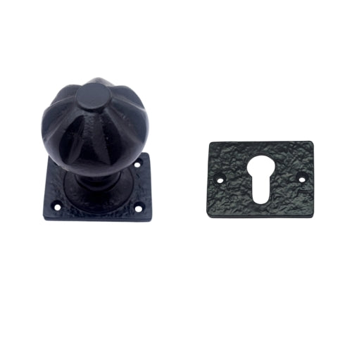Buy "Alpheus" Black Antique Iron Door Knob with Square Rose and Euro Profile Escutcheon-Premium Harware Products Online - Adonai Hardware