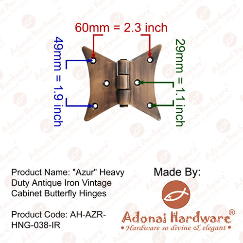 "Azur" Black Antique Iron Hand Forged Butterfly Cabinet Hinge