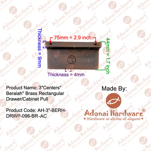 3" Centers Beraiah Brass Rectangular Drawer/Cabinet Pull