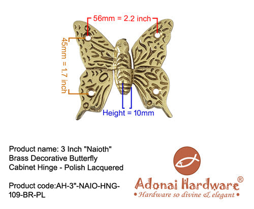 3 Inch "Naioth" Brass Decorative Butterfly Cabinet Hinge