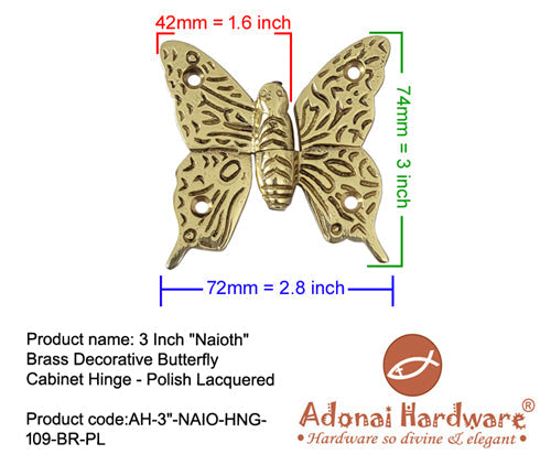 3 Inch "Naioth" Brass Decorative Butterfly Cabinet Hinge