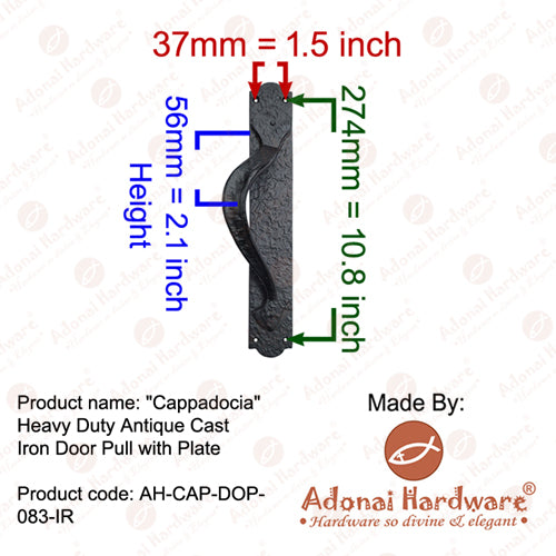 "Cappadocia" Black Antique Iron Door Pull with Plate (Left Hand)