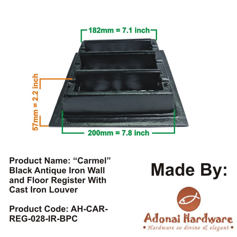 "Carmel" Black Antique Iron Wall and Floor Register with Cast Iron Louver