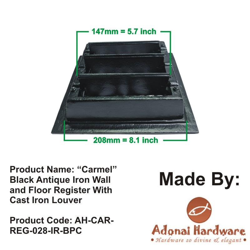 "Carmel" Black Antique Iron Wall and Floor Register with Cast Iron Louver