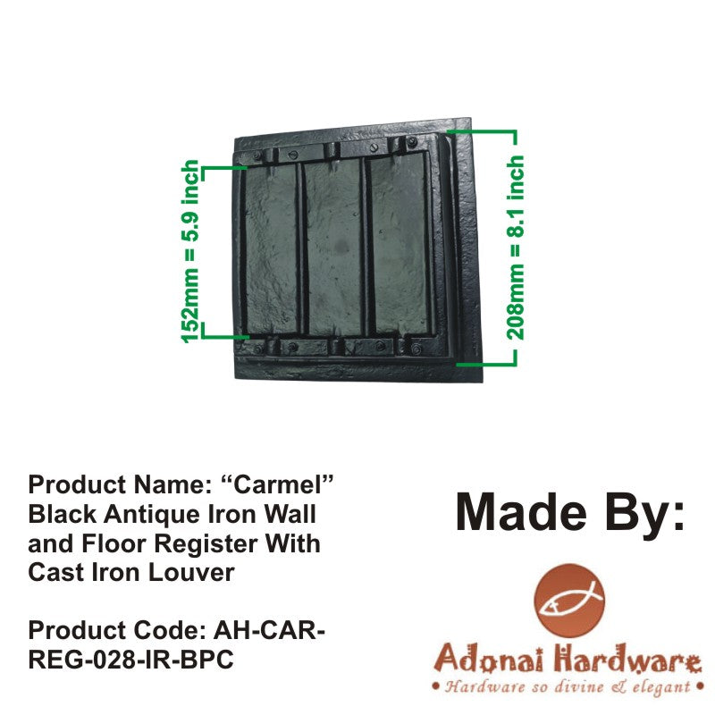 "Carmel" Black Antique Iron Wall and Floor Register with Cast Iron Louver