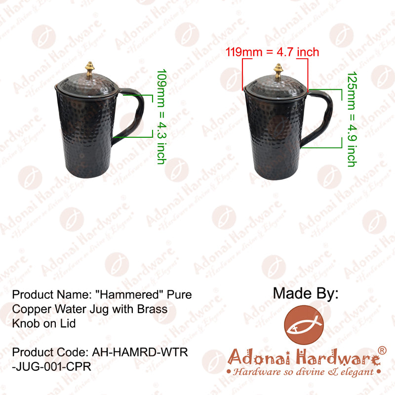 Hammered Pure Copper Water Jug with Brass Knob on Lid