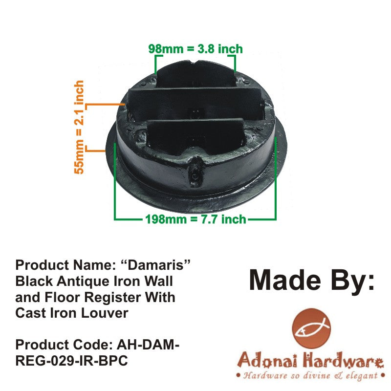 "Damaris" Black Antique Iron Wall and Floor Register with Cast Iron Louver
