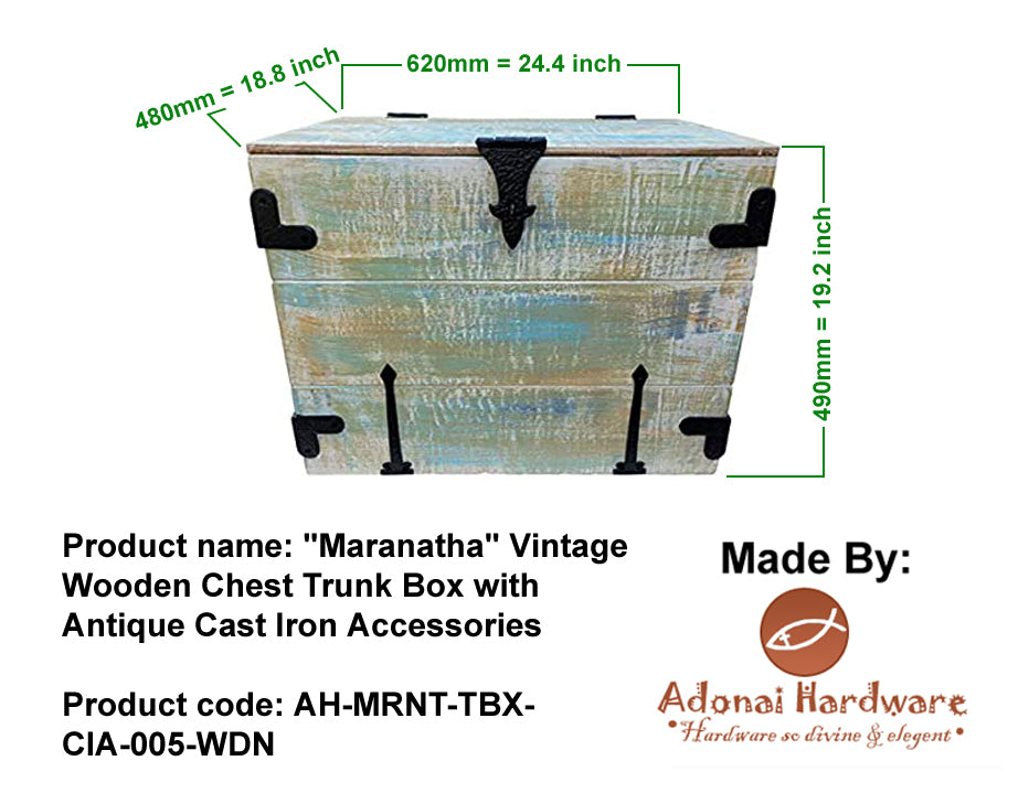 "Maranatha" Vintage Wooden Chest Trunk Box with Antique Cast Iron Accessories