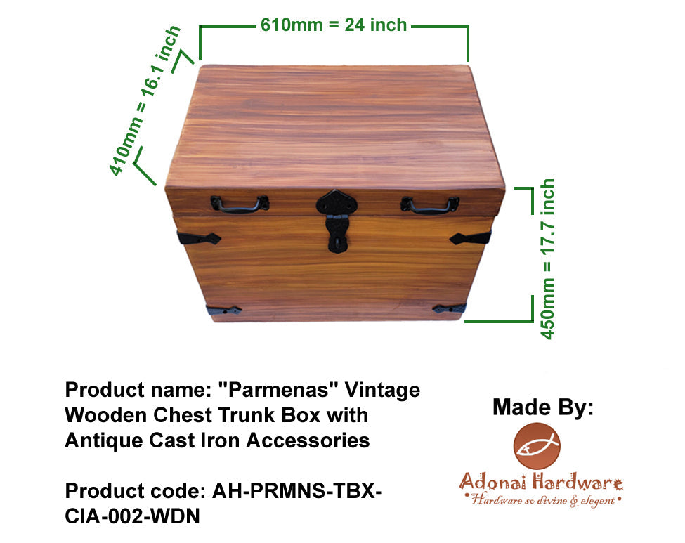 "Parmenas" Vintage Wooden Chest Trunk Box with Antique Cast Iron Accessories