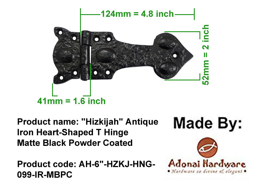 6 Inch "Hizkijah" Antique Cast Iron Heart-Shaped T Hinge