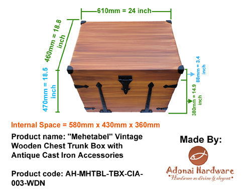 "Mehetabel" Vintage Wooden Chest Trunk Box with Antique Cast Iron Accessories