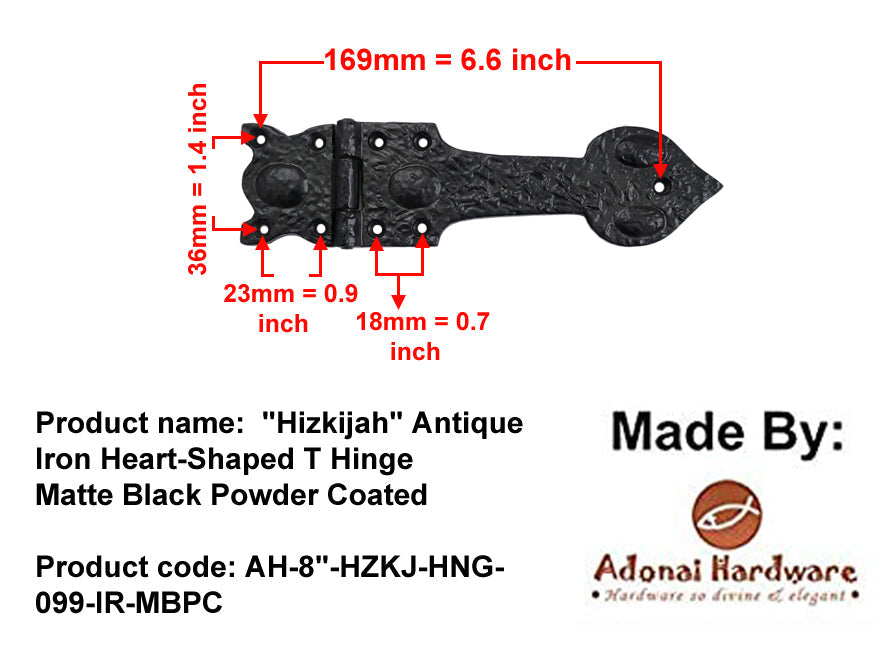 8 Inch "Hizkijah" Antique Cast Iron Heart-Shaped T Hinge