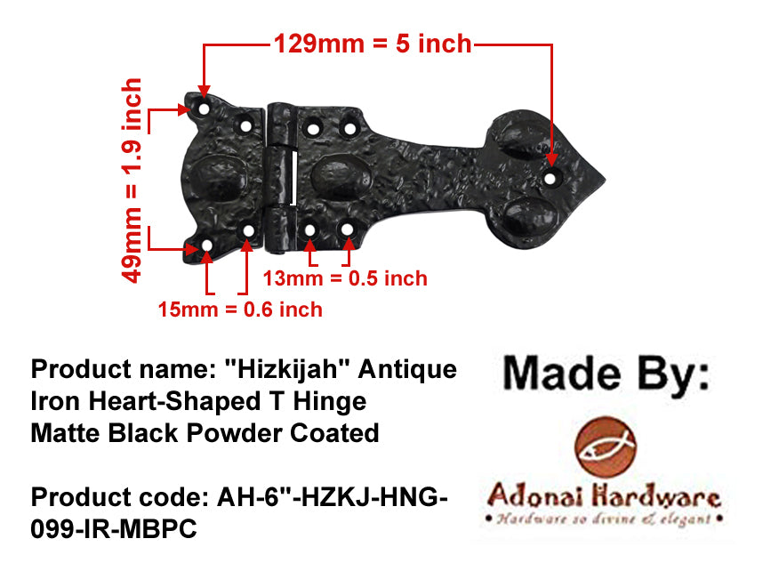 6 Inch "Hizkijah" Antique Cast Iron Heart-Shaped T Hinge