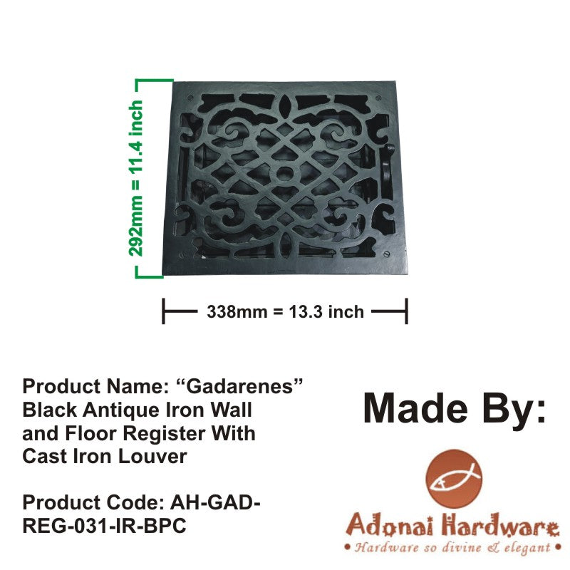 "Gadarenes" Black Antique Iron Wall and Floor Register with Cast Iron Louver