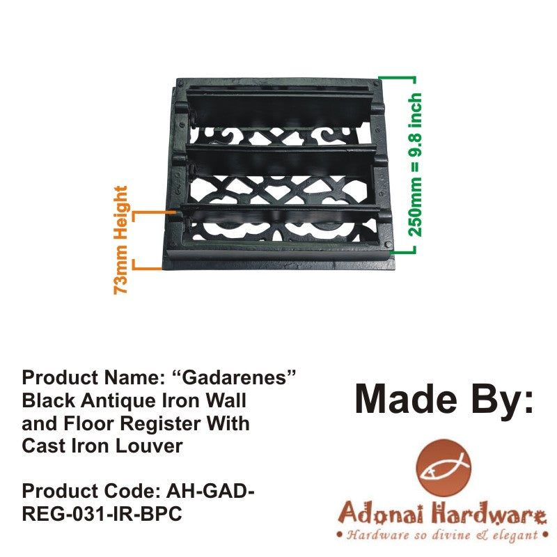 "Gadarenes" Black Antique Iron Wall and Floor Register with Cast Iron Louver