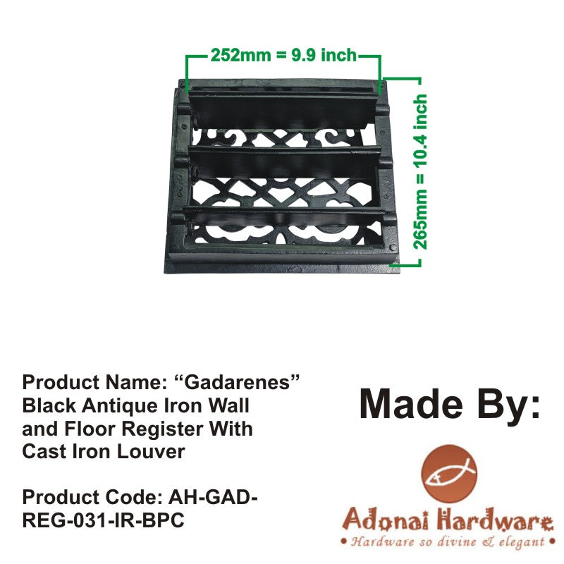 "Gadarenes" Black Antique Iron Wall and Floor Register with Cast Iron Louver