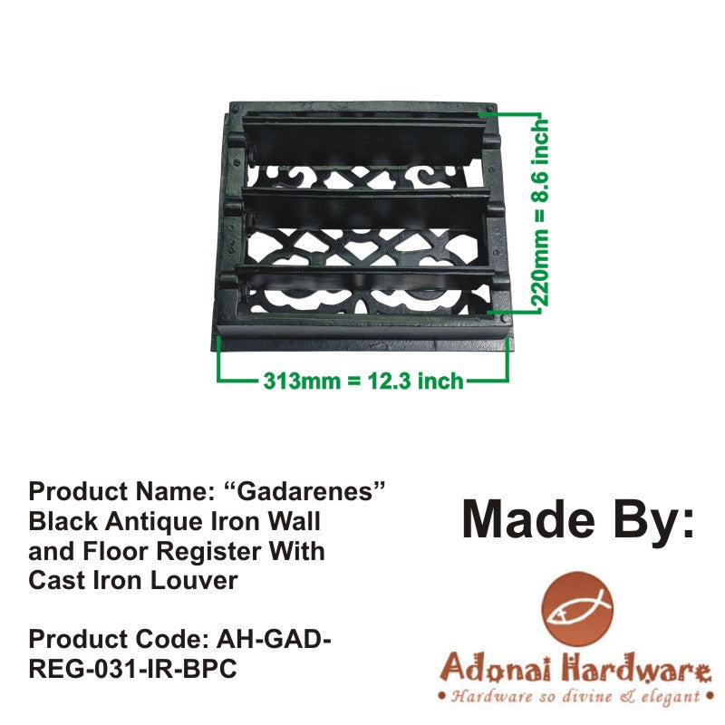 "Gadarenes" Black Antique Iron Wall and Floor Register with Cast Iron Louver
