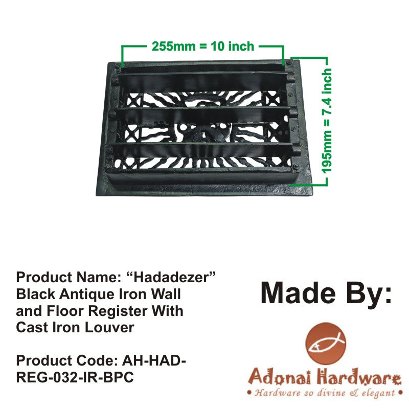 "Hadadezer" Black Antique Iron Wall and Floor Register with Cast Iron Louver
