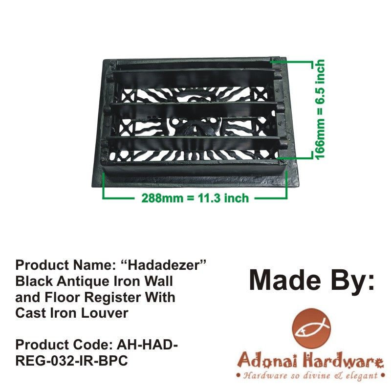 "Hadadezer" Black Antique Iron Wall and Floor Register with Cast Iron Louver