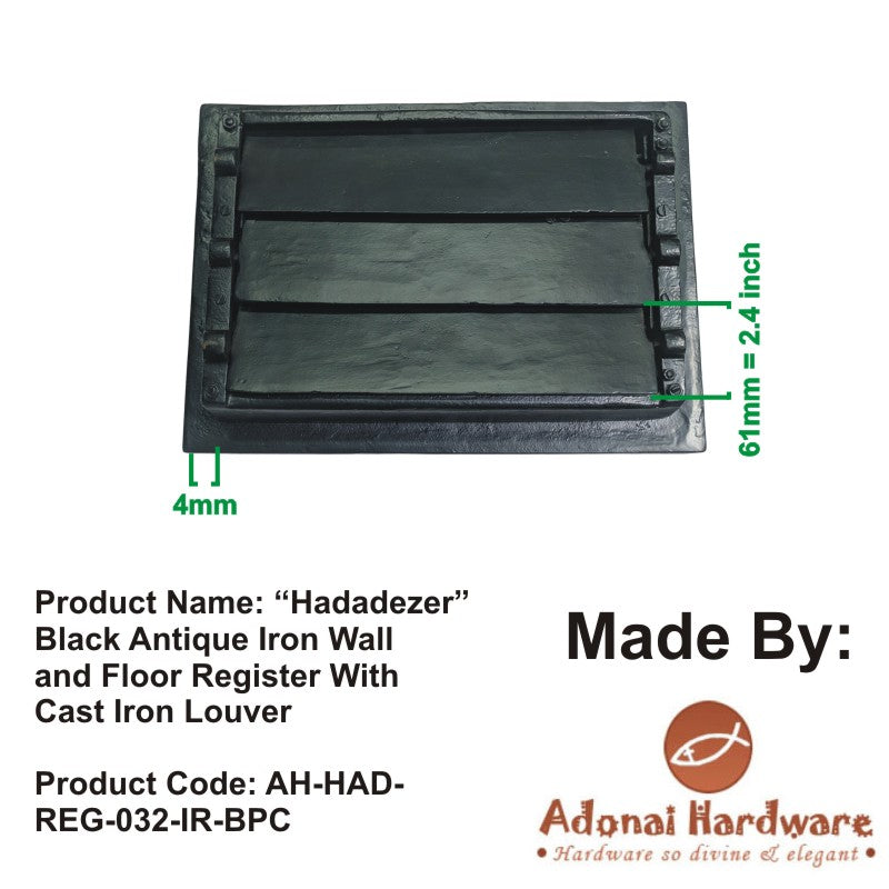 "Hadadezer" Black Antique Iron Wall and Floor Register with Cast Iron Louver