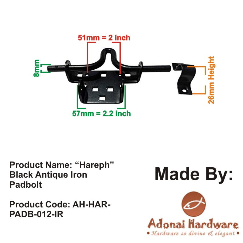 "Hareph" Black Antique Iron Padbolt