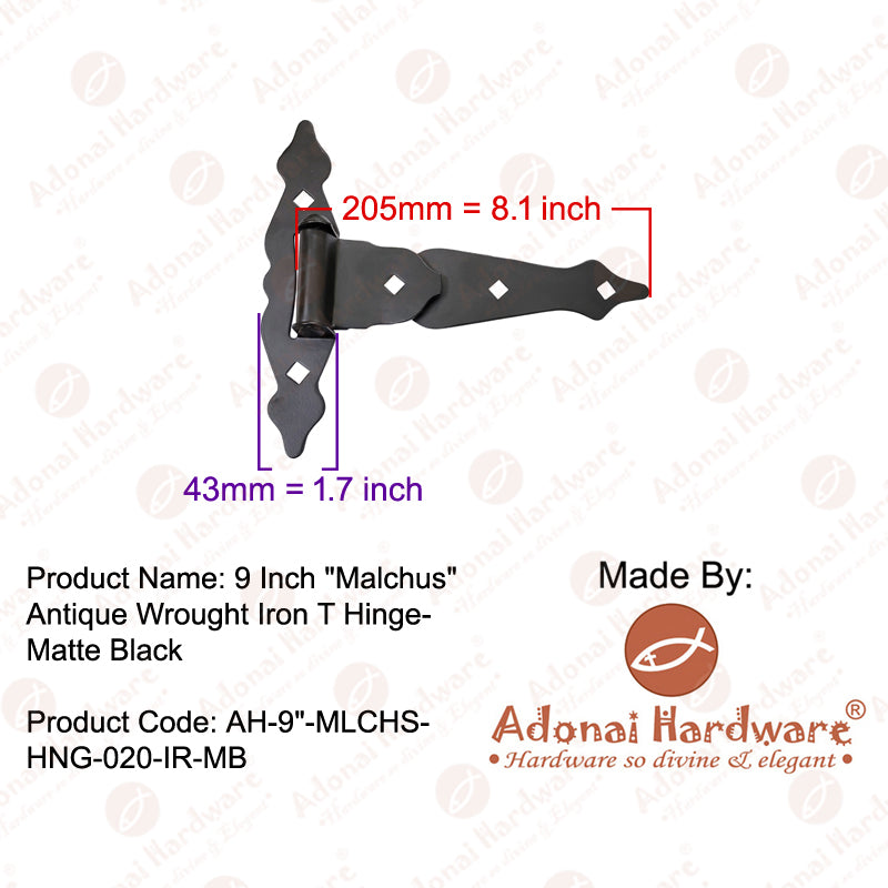 9 Inch "Malchus" Antique Wrought Iron T Hinge