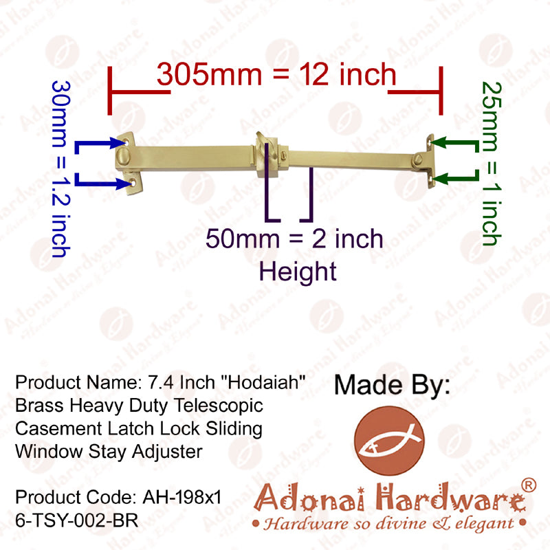 7.4 Inch Hodaiah Brass Heavy Duty Telescopic Casement Latch Lock Sliding Window Stay