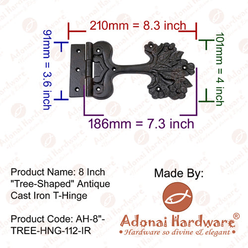 8 Inch Tree-Shaped Antique Cast Iron Strap T-Hinge
