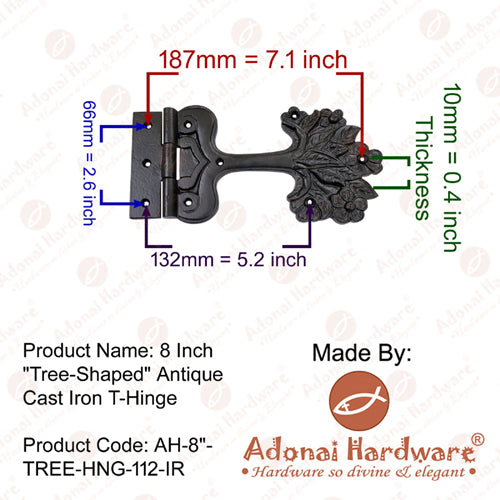 8 Inch Tree-Shaped Antique Cast Iron Strap T-Hinge