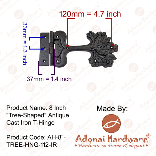 8 Inch Tree-Shaped Antique Cast Iron Strap T-Hinge