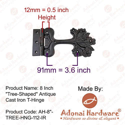 8 Inch Tree-Shaped Antique Cast Iron Strap T-Hinge