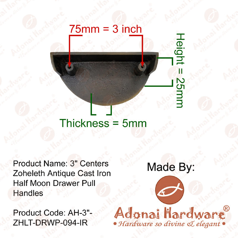 3" "Zoheleth" Black Cast Iron Half Moon Cabinet and Drawer Pull