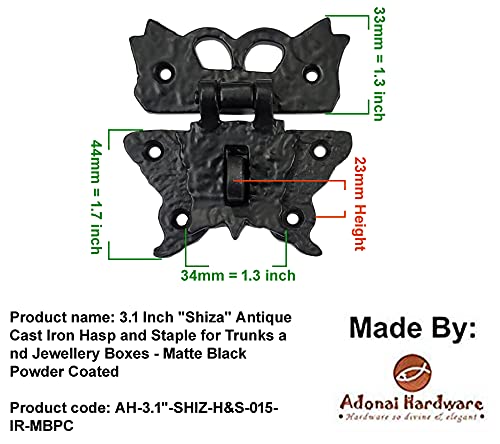 3.1 Inch "Shiza" Antique Cast Iron Hasp and Staple for Trunks and Jewellery Boxes - Matte Black Powder Coated