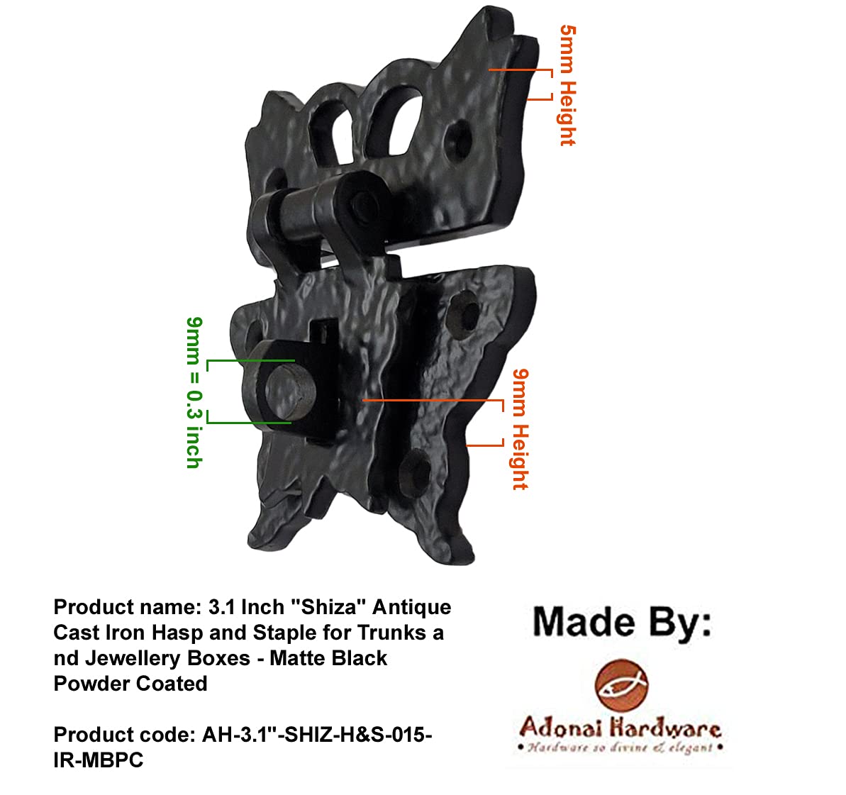 3.1 Inch "Shiza" Antique Cast Iron Hasp and Staple for Trunks and Jewellery Boxes - Matte Black Powder Coated