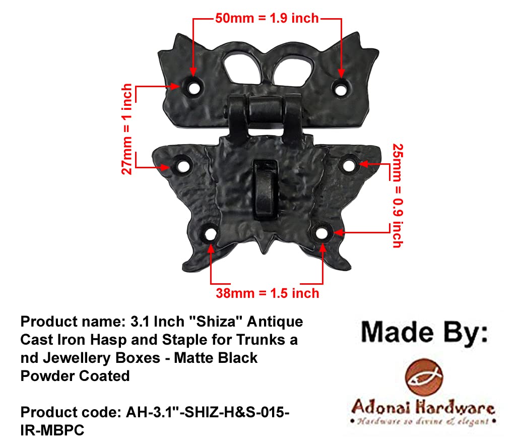3.1 Inch "Shiza" Antique Cast Iron Hasp and Staple for Trunks and Jewellery Boxes - Matte Black Powder Coated
